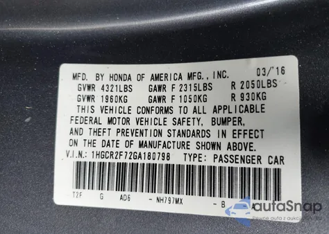 2016 Honda Accord Ex from USA, damaged, VIN 1HGCR2F72GA180798